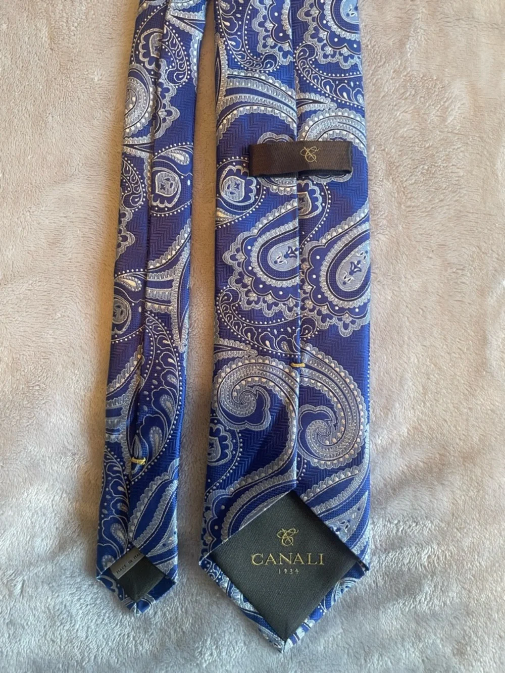 CANALI Italy 100% Silk Paisley Tie Blue Silver 1934 Collection Luxury